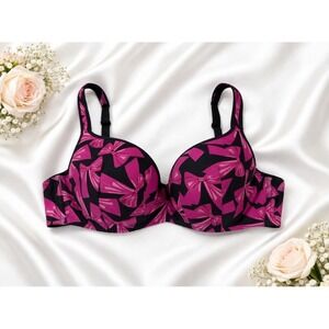 Cacique‎ Plunge Bra Hot Pink Bow Ribbon Print Full Coverage Underwire 42C